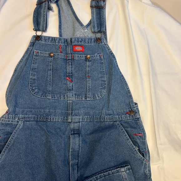 Dickies Mens 34x30 Denim Bib Overalls 8396SNB Carpenter Workwear Utility Cargo - Picture 3 of 7